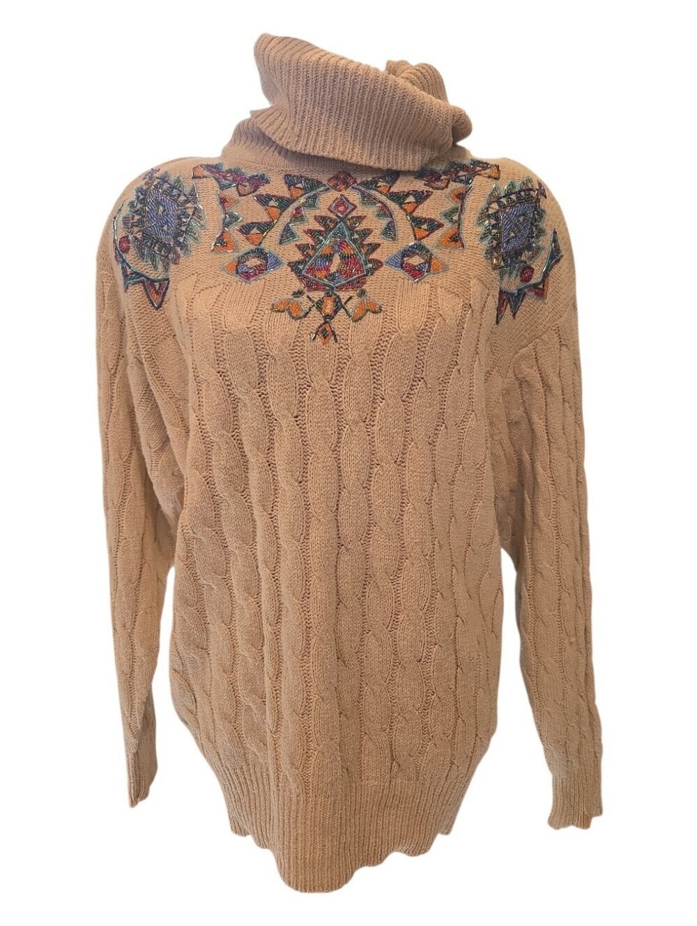 IB Diffusion 90s Silk Tan/Cream Beaded turtleneck oversized sweater